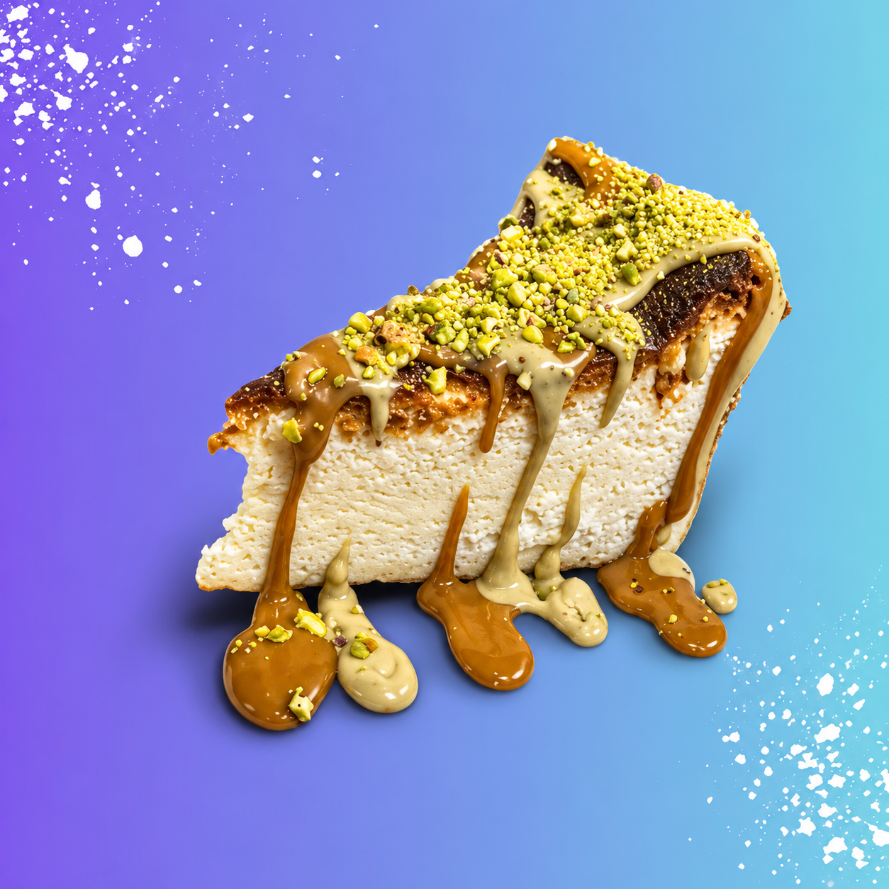 Slice of burnt Basque-style San Sebastian cheesecake topped with crushed pistachio and caramel drizzle