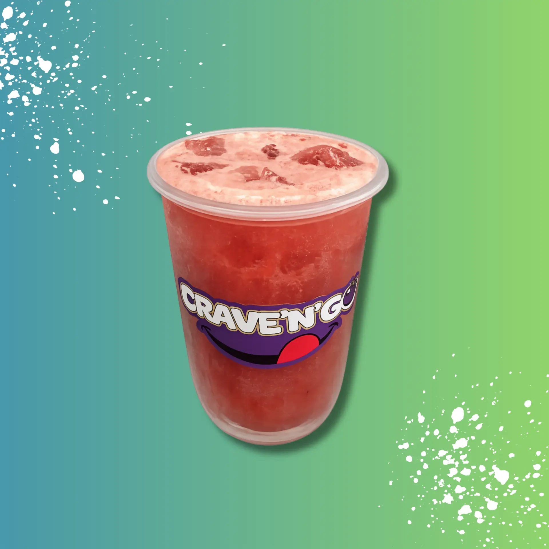 Crave N Go cup of watermelon blast sugarcane juice with watermelon chunks and foam