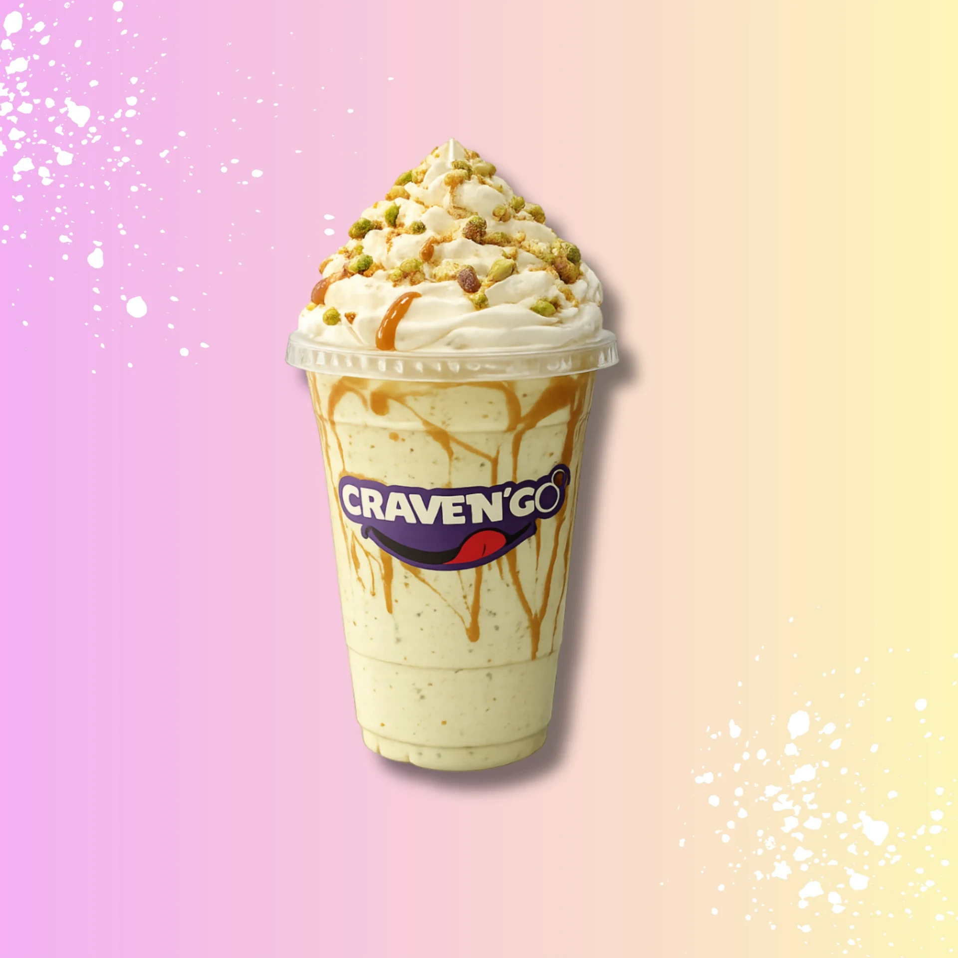 Pistachio milkshake topped with whipped cream, crushed pistachios and caramel drizzle