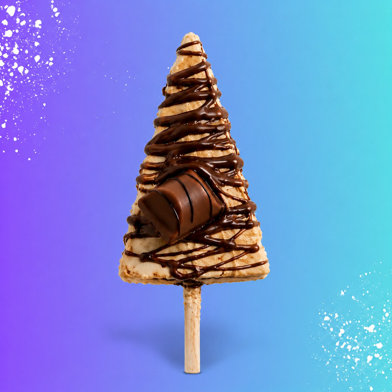 Cheesecake stick drizzled with Kinder Bueno sauce and Nutella, finished with Oreo crumbs