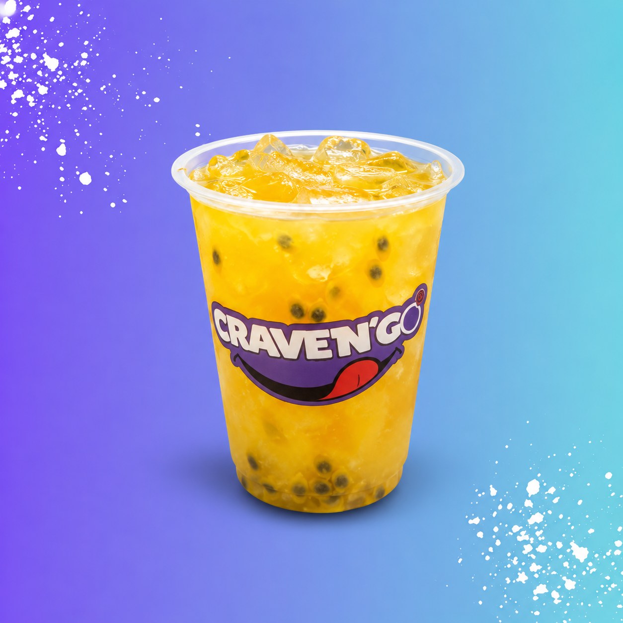 Tall glass of sugarcane juice blended with mango and passionfruit
