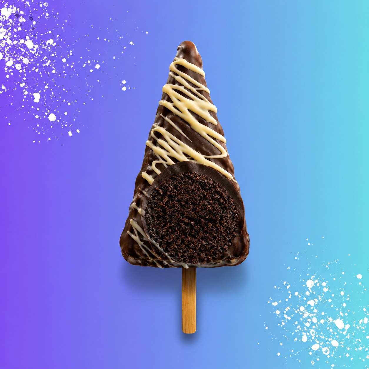 Chocolate-dipped cheesecake stick rolled in Oreo crumbs with an Oreo sauce drizzle