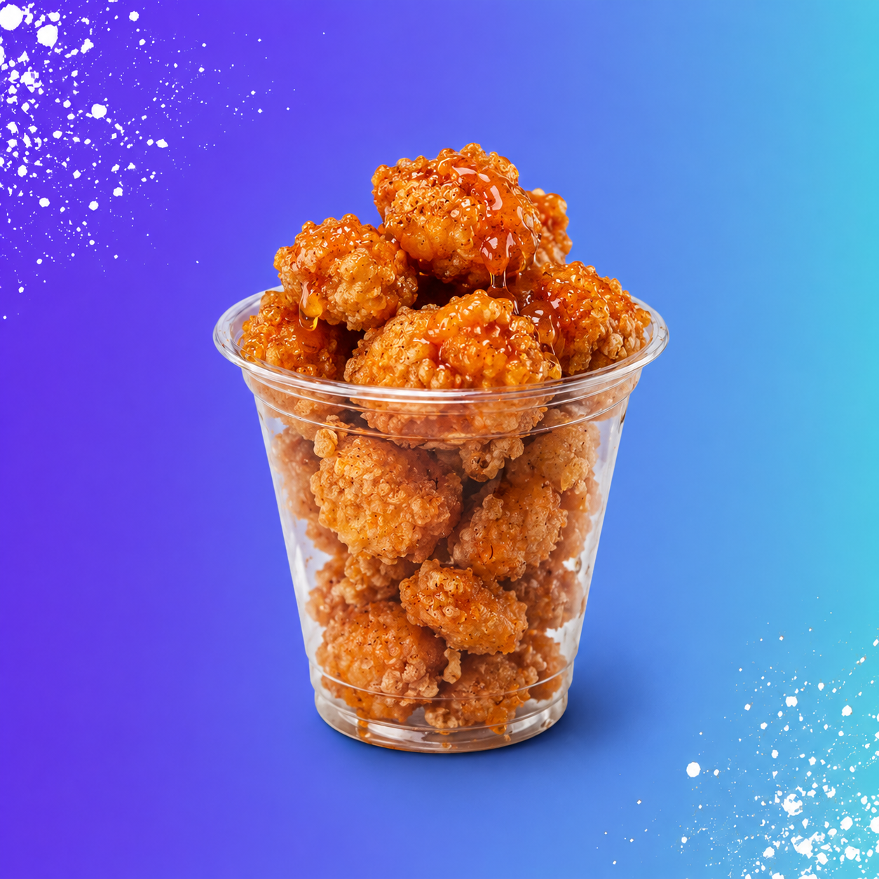 Cup of crispy popcorn chicken with dipping sauce