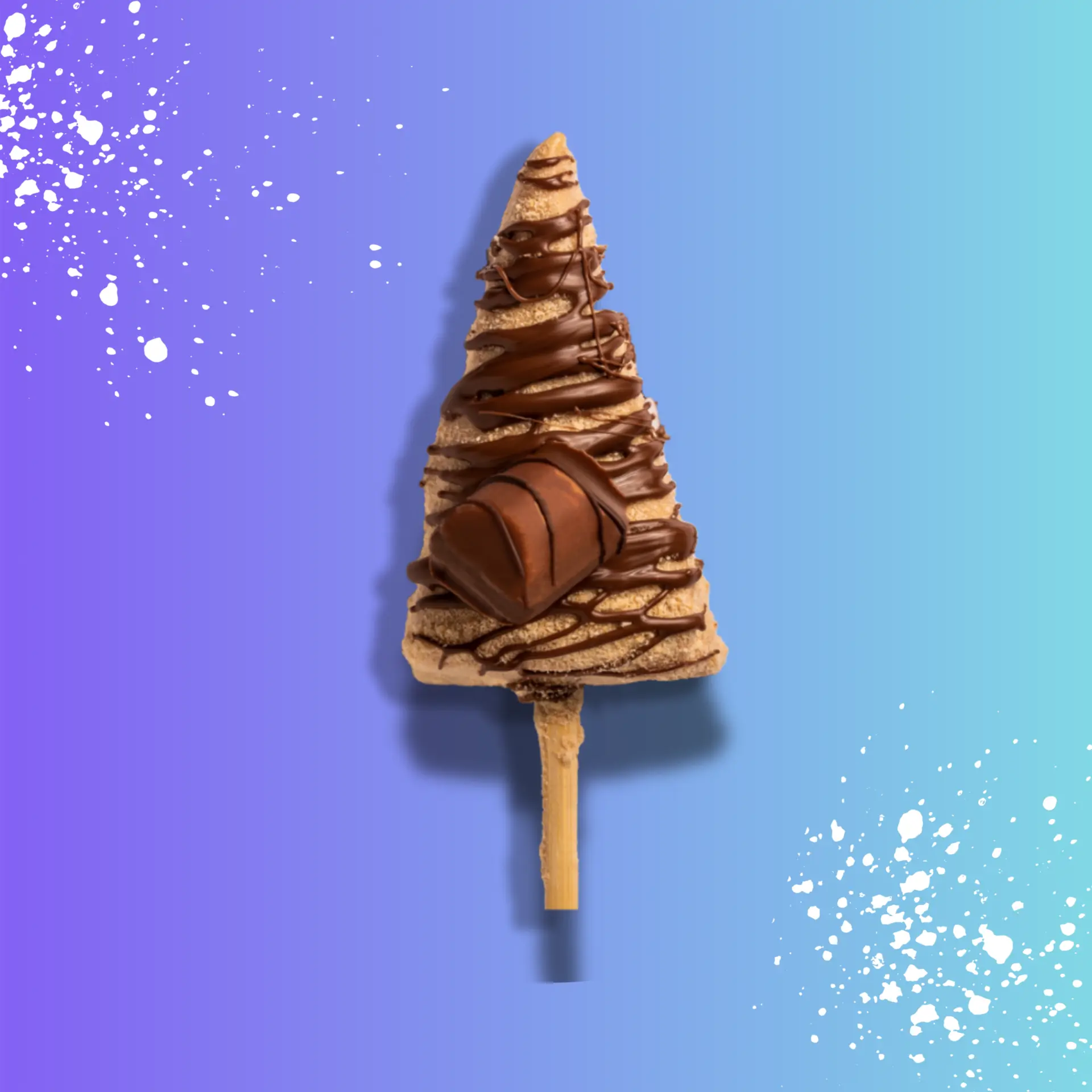 Cheesecake stick drizzled with Kinder Bueno sauce and Nutella, finished with Oreo crumbs