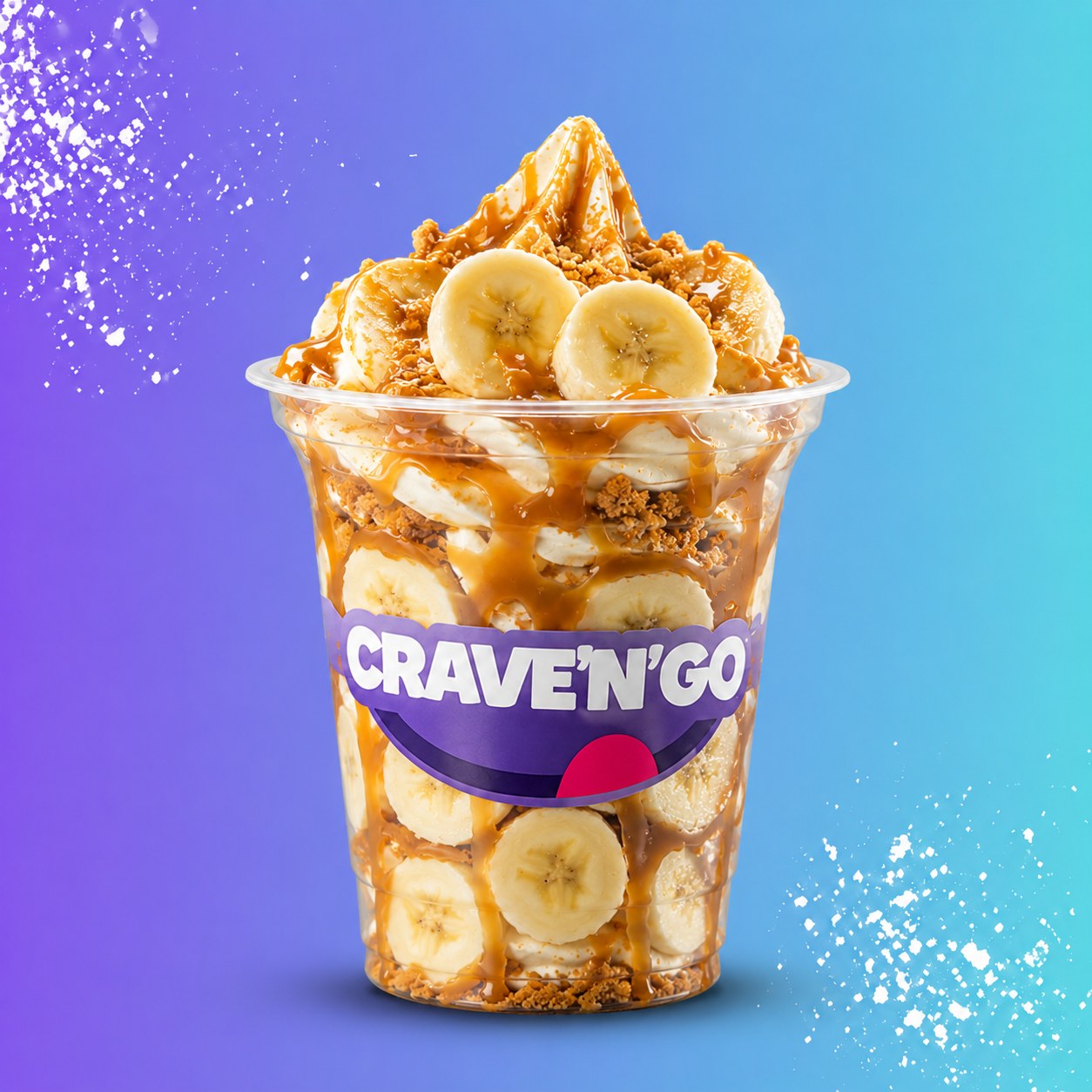 Cup of thick fresh banana chunks topped with the customer's chosen sauce