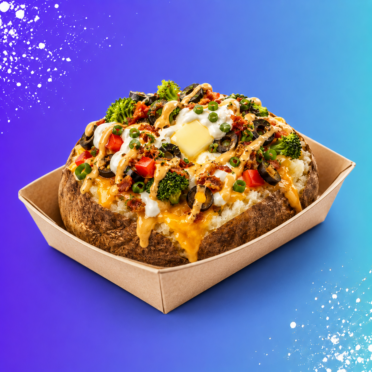 The OG loaded jacket potato topped with melted cheese, sour cream and crispy onions