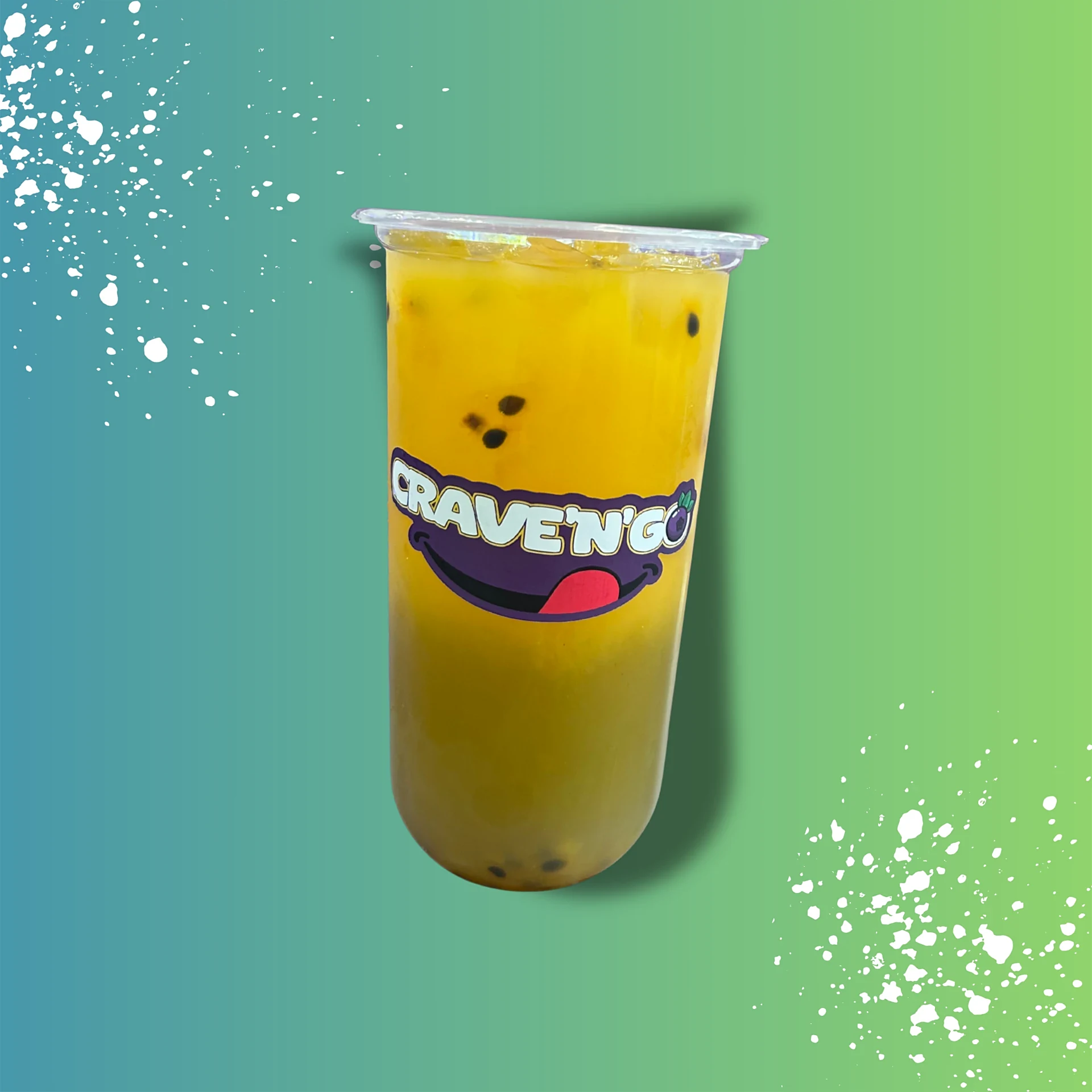 Crave N Go cup of mango passionfruit sugarcane juice with passion fruit seeds