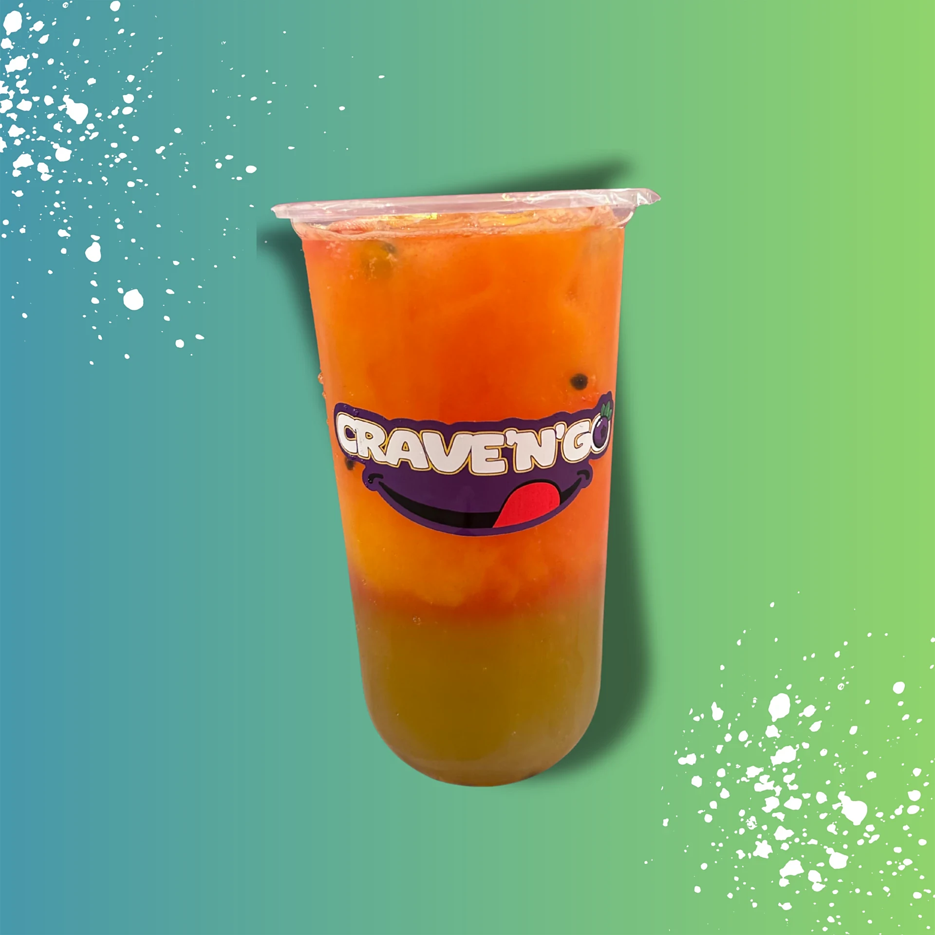 Crave N Go cup of layered signature sugarcane juice with passion fruit and ice