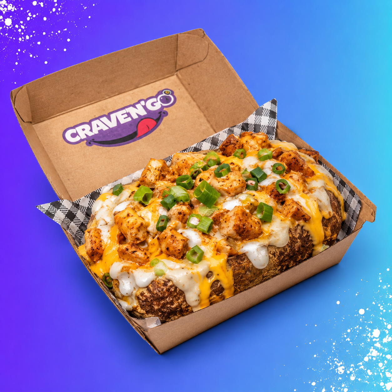 Chickened Out spud loaded with popcorn chicken, cheese sauce and ranch