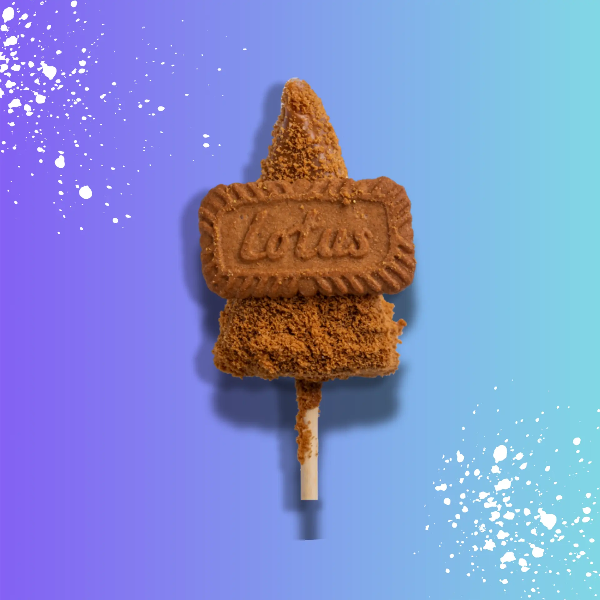 Cheesecake stick coated in crushed Biscoff crumbs topped with a whole Lotus biscuit