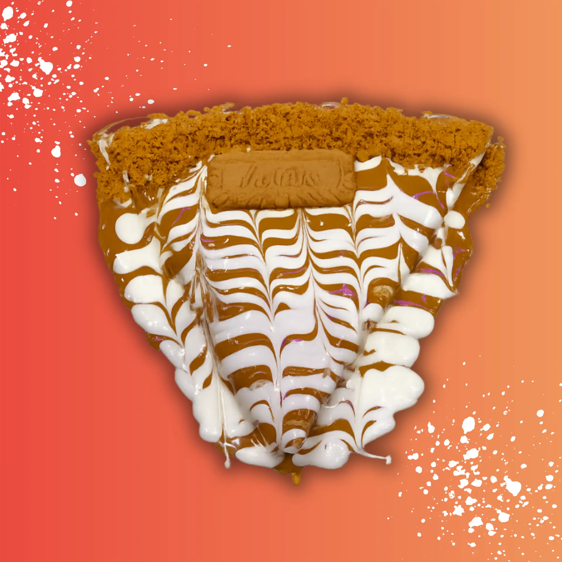 Golden crepe supreme marbled with caramel and white sauce, topped with a Lotus Biscoff biscuit and crushed biscuit crumbs