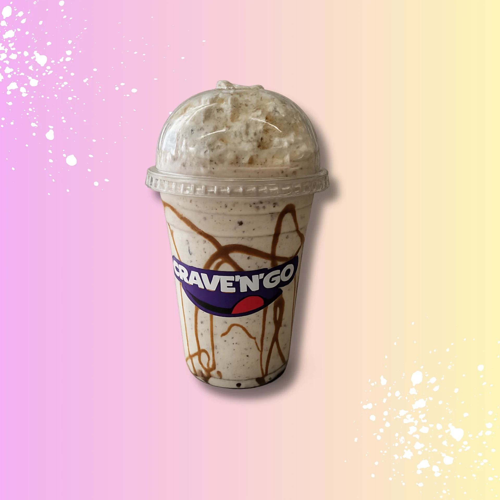 Cookies and cream milkshake with caramel drizzle inside a Crave N Go cup