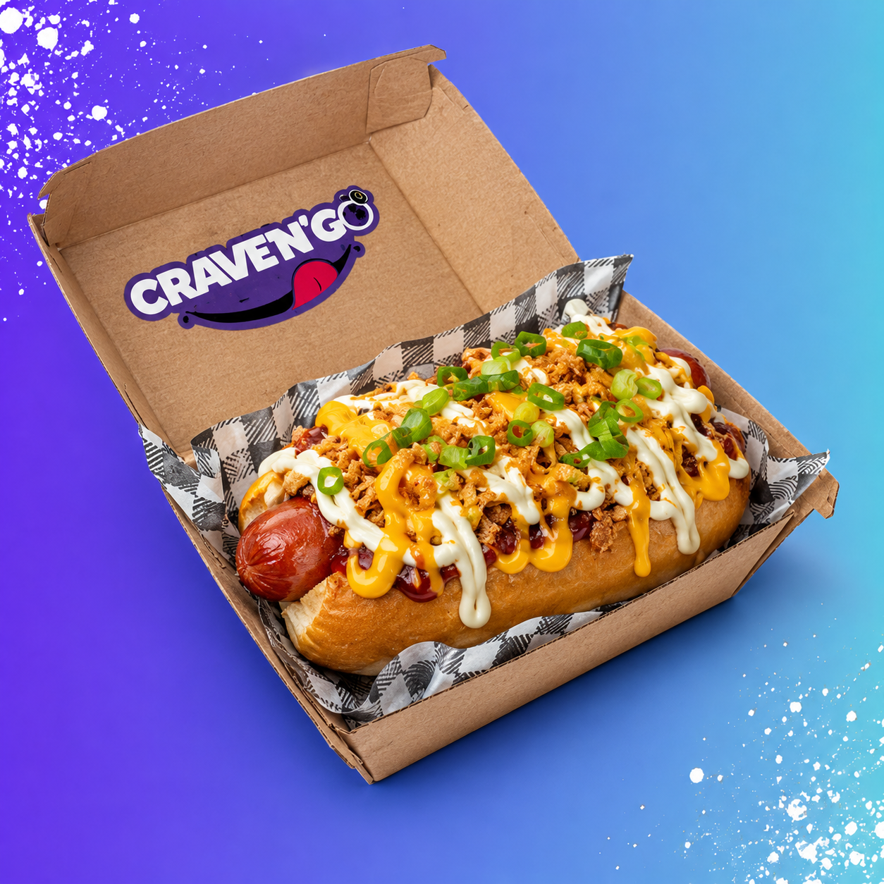 Loaded hotdog with melted cheese, crispy onions and sauces in a brioche bun